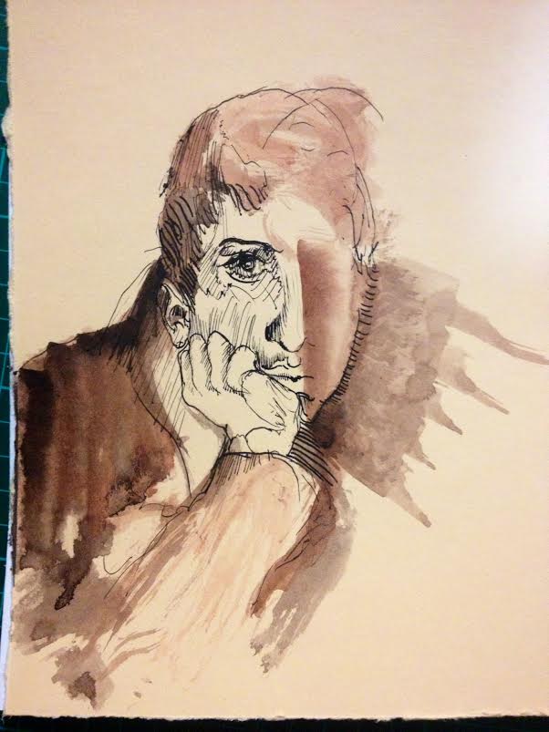 Self-portrait study in schmicke ink and washes with calligraphy pen. 