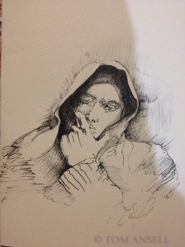 Self-portrait in hood. Calligraphy pen. 2014