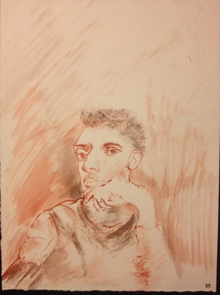 Self-portrait. Schmincke ink, brush, washes, pitt pen on toned cartridge paper