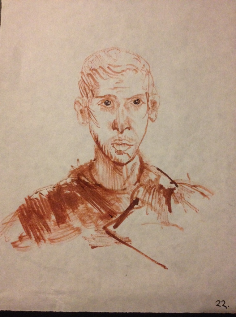 Self-portrait. Pitt pen, Calligraphy pen, Schminke washes and brush on paper. 