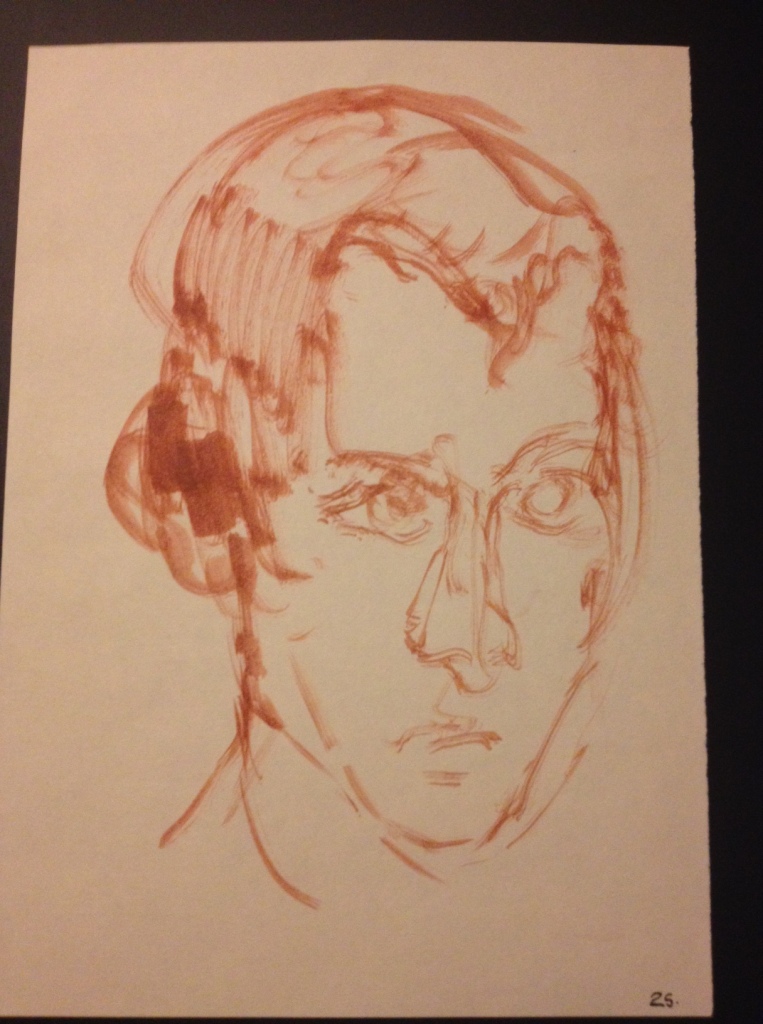 Self-portrait on litho paper. Schmincke Ink, washes and brush. 