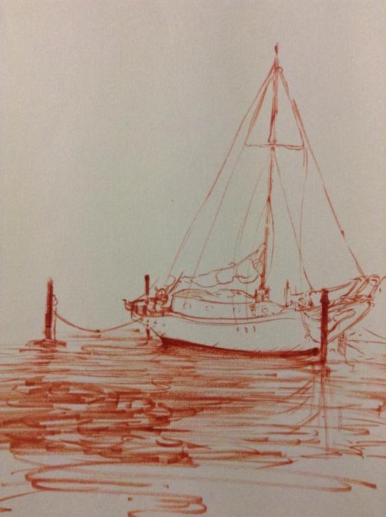 Pitt pen drawing of a medium yacht. 